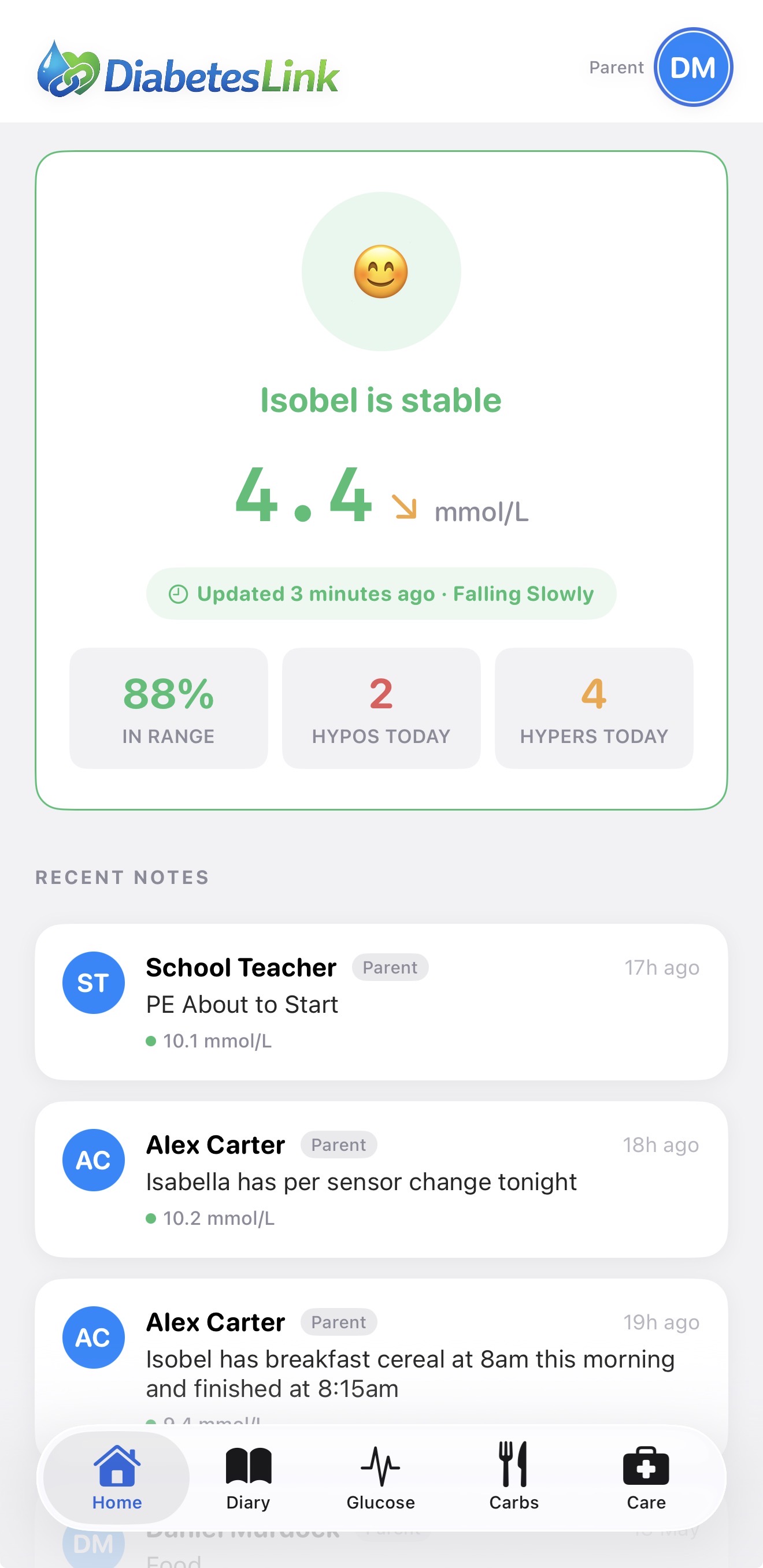 DiabetesLink home screen showing stable glucose and recent notes