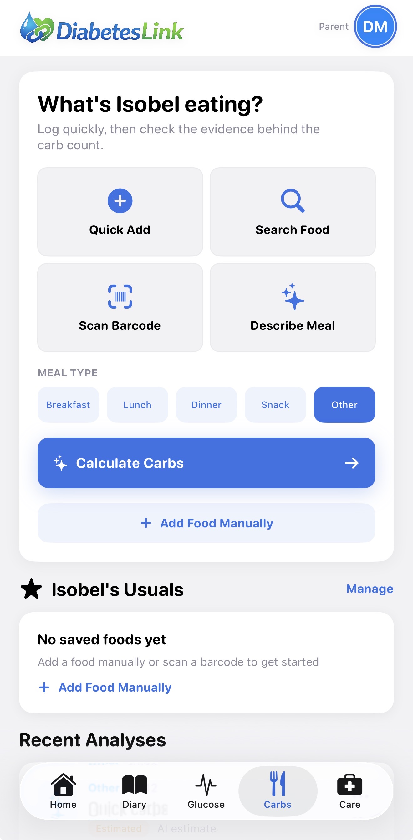 Food logging and carb calculation screen