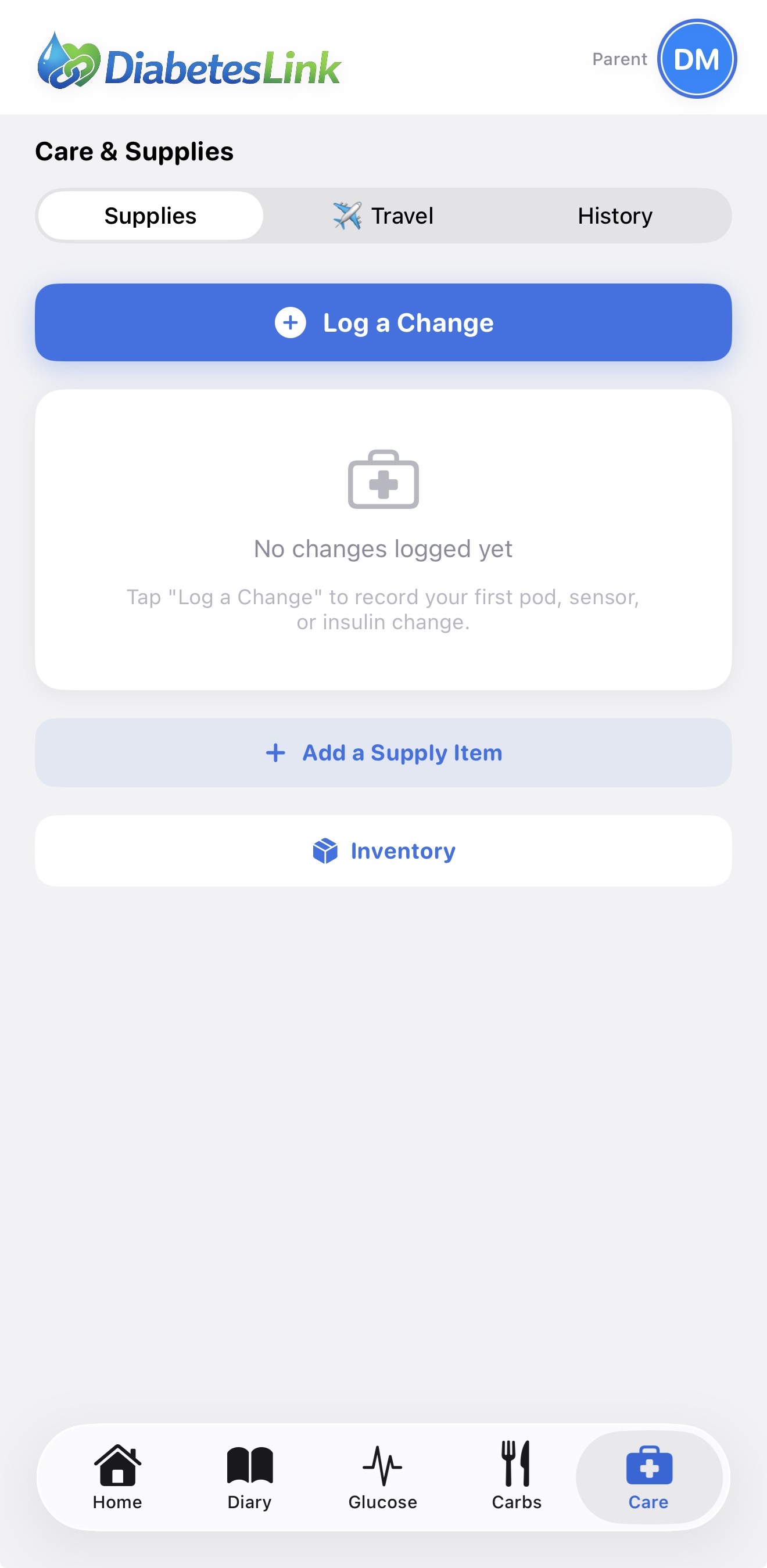 Care and supplies screen