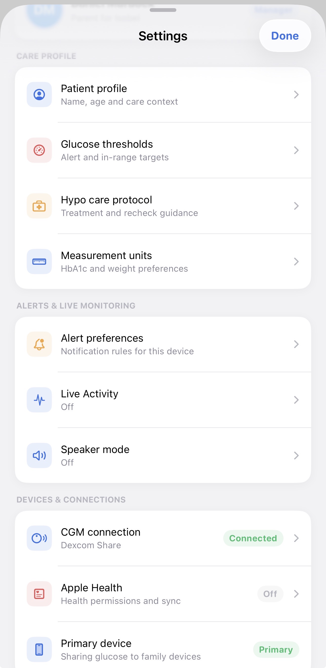 Settings and care profile screen